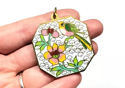 Vintage Chinese Enamel Cloisonné Bird Flower Floral Medallion Pendant Jewelry • $34.99