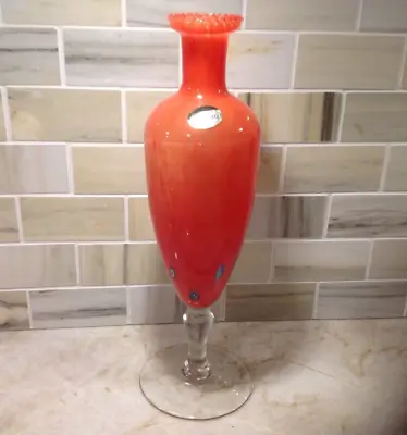 Murano Glass Vase Red And  Murrine On A Clear Footed Pedestal With Sticker • $31.40