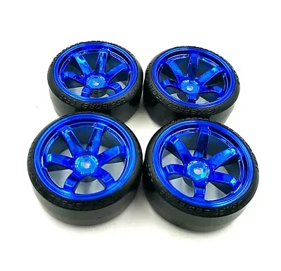 1/10 RC Rota Style Blue Wheel & Drift Tyre Set 12mm HEX Drift 6mm OS Tamiya • £13.48