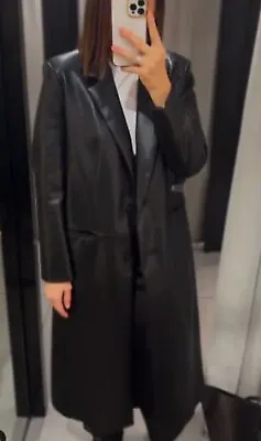 Zara Black Leather Effect Coat Lapel Collar. 1255/749 Size Xl • $80.90