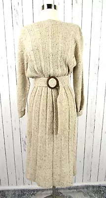 Vtg 80s Marisa Christina S/M Oatmeal Silk Wool Cable Knit Sweater Dress Belted • $39