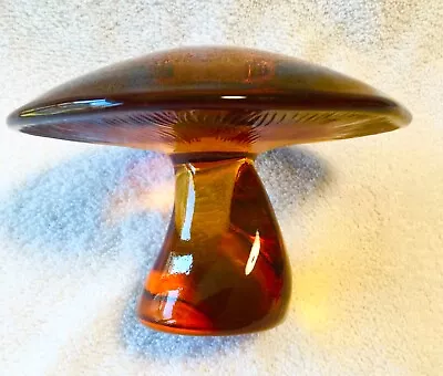 Vintage MCM JUMBO LARGE Viking AMBER Glass MUSHROOM PAPERWEIGHT 6” Wide • $186.50