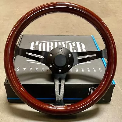 15 Inch (380mm) Black Steering Wheel Dark Wood Grip 6 Hole Billet Horn • $159.01