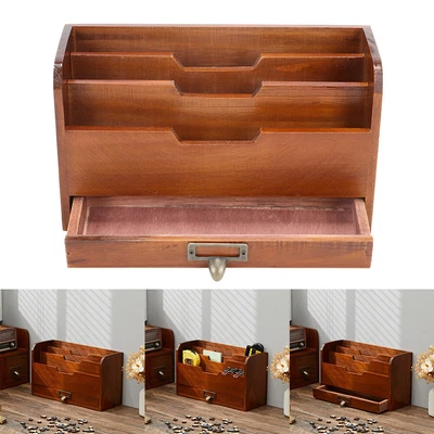 £11.94 • Buy Retro Wooden Storage Box Drawer Case Desktop Files Paper Holder Pen Organizer