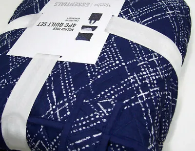 Martha Stewart Reversible Blue Diamond Geo G Full Queen Quilt Standard Shams • $41.99