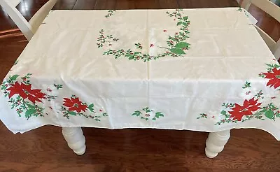 Vintage Christmas Tablecloth Printed & Embossed Red & White Poinsettias 39”X 69” • $18.98