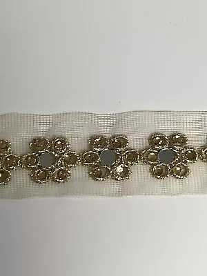 INDIAN CREAM NET EMBROIDERED GOLD MIRROR & CRYSTALS FLORAL LACE/TRIM- 1 Metre • £4.50