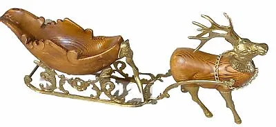 Vintage Large Christmas Brass And Wood Reindeer Sleigh Sled 20” Long Cheerful • $150