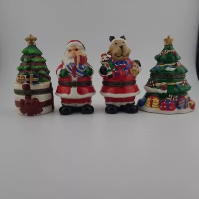 Lot Of 4 Christmas Hinged Trinket Boxes Santa Reindeer & 2 Tree Figurines • $30