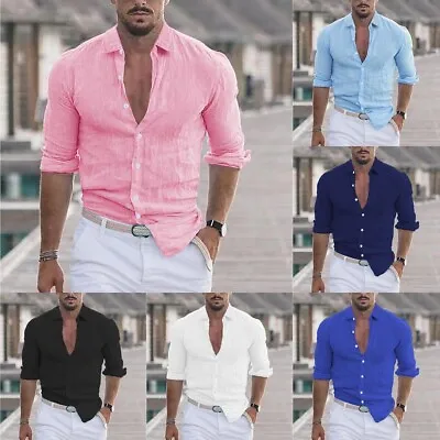 Mens Solid Linen Shirts Cotton Casual Loose Summer Beach T Shirt Blouse Tops . • £15.47