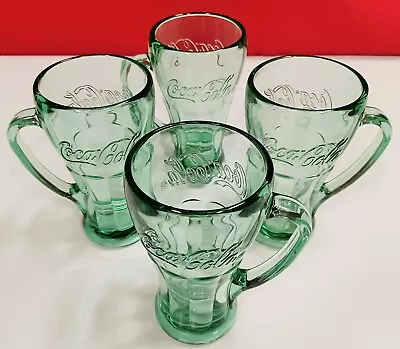 Vintage Libbey Green Drinking Glasses Handle Coca-Cola Thick Heavy Soda Set Of 4 • $24.95