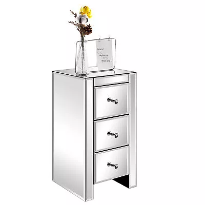 Modern 3 Drawers Mirrored Glass Nightstand Sofa Bedside End Table Silver Bedroom • $115.55