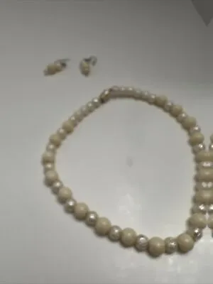 VTG Cream Faux Pearl 15  Choker Polymer Beads Off White Matte /White W/Earrings • $5