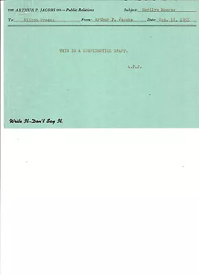 Marilyn Monroe Original Confidential Release Of Details Of Contract - Bus Stop  • $150
