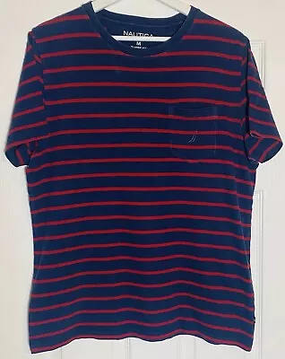 Nautica T-Shirt Short Sleeve Navy/Red Striped Logo Pocket Sailing Nautical Retro • £12.50