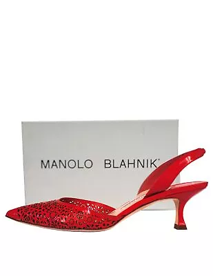 MANOLO BLAHNIK 38.5 Laser Cut Red Patent Leather Carolyne Slingbacks Heels 8 • $226