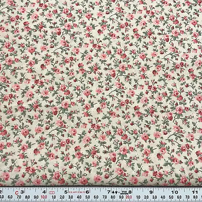 Vintage Cranston Pink Rose Florals On Ivory Cotton Fabric Remnant 30  X 44  • $10.75