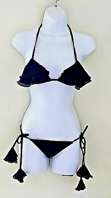 UNIQUE!  AGUA DE COCO Swimsuit Black Ruffled Bikini Set   ---  Size Small • £43