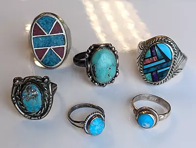 Lot Of 6 Vintage Sterling Silver & Turquoise Rings - 59.3 Grams • $59.99