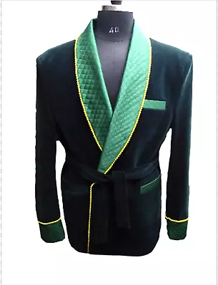 Emerald Green Velvet Quilted Robe For Men Vintage Smoking Dressing Gown Jacket • $179