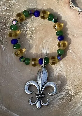 Mardi Gras Handmade Women’s Bracelet Green Purple Gold Beads Fleur De Lis Charm • $6.99