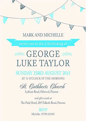 £6.49 • Buy PERSONALISED CHRISTENING PARTY INVITES Bunting Blue Invitations Pack Of 10