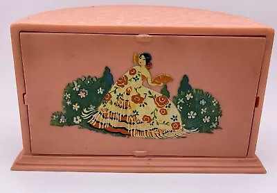 Vintage Enclosed Half Spinning Peach Acrylic W Asian Art Decal Makeup Holder • $12.99