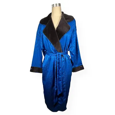 Victoria Secret Gold Label Robe Smoking Jacket Blue Damask M / L Jewel Buttons • $49.95
