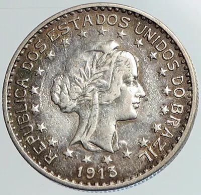 1913 A BRAZIL Stars And LIBERTY Silver Genuine 1000 Reis Brazilian Coin I108001 • $88.65