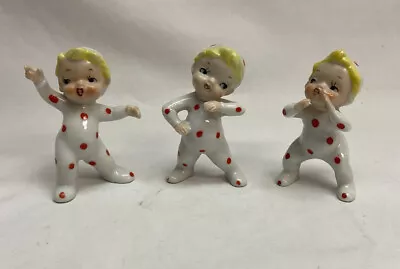 Vintage Ceramic Red Polka Dot Elf Pixie Baby Figurines In Pajamas Set Of 3 RARE • $94.95