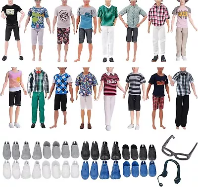 14 PCS Ken Doll Clothes And Accessories Including 3 Tops 3 Pants 6 Shoes 1 Gla • £10.49