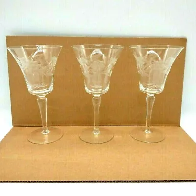 Vintage Clear Etched Flower & Leaves Stemware Glasses 7 1/2  Tall  Lot Of 3  • $19.99