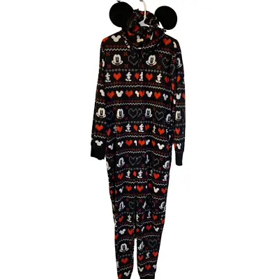 Mickey Mouse One Piece Pajama Women's Size XL Disney Hooded Ears Zip Up Hearts • $24.99