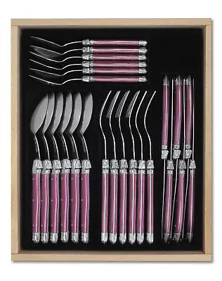 Laguiole 24 Piece Cutlery Set In Premium Quality Wooden Tray Pearl Purple • £229