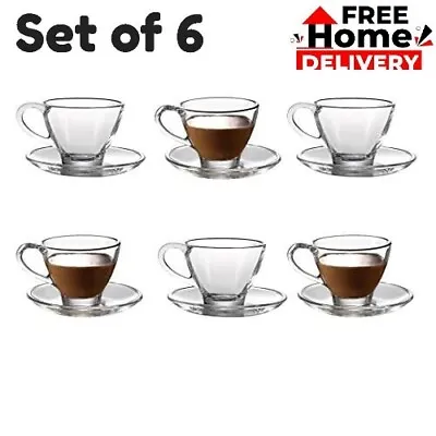 Royal Cuisine Set Of 6 Cup Saucers Set Clear Glass Coffee Cappuccino Tea Cups • £15.99