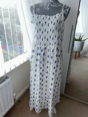 Lovely White/blue Lined Long Style Cotton Shirred Dress Size 22 • £9.99