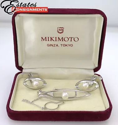 Mikimoto Cultured Pearl 14k White Gold Cufflinks And Tie Bar Set • $1195