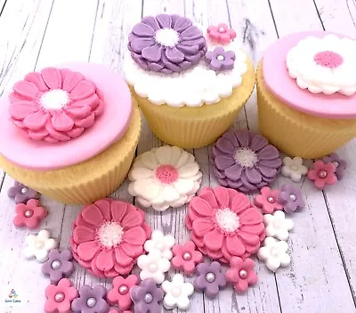 60 Edible Pink Lilac White Daisy Flowers Fondant Sugar Paste Cake Decor Birthday • £8.99