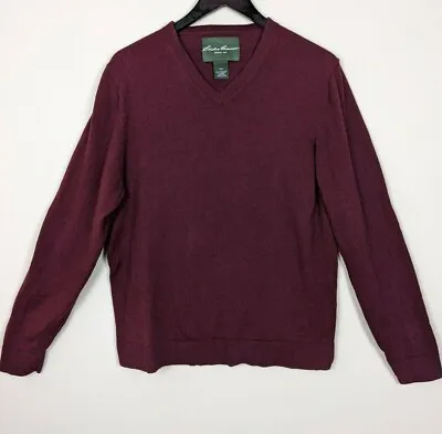Eddie Bauer Men Sweater Size M ~ Maroon Pull Over V Neck Cotton/Cashmere Knit • $19.77
