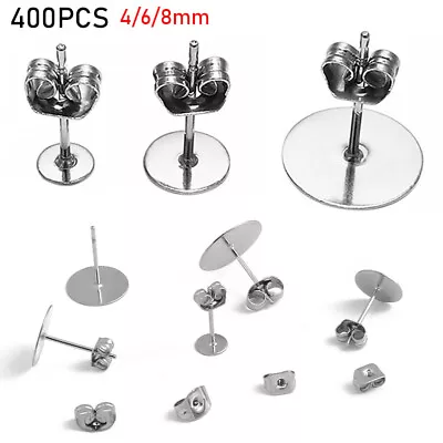 400Pcs Stainless Steel Stud Post Earring Findings With Round Flat Pad 4/6/8mm • £5.69