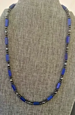 Men's Women's Magnetic Black Hematite Bi-cone Necklace With Blue Lapis Beads • $40.99