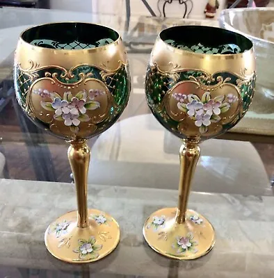 2 Italian Murano Venetian  Goblet Wine Glasses Vintage Emerald Green • $140