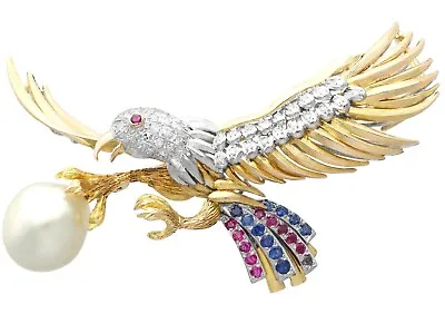 Vintage Blister Pearl Sapphire Ruby Diamond Yellow Gold Eagle Brooch Circa 1950 • $9525