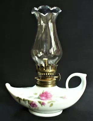 Vint~Footed~PORCELAIN~Glass Chimney~OIL LAMP~Moss Rose~ALADDIN~Genie~6.75 ~JAPAN • $8