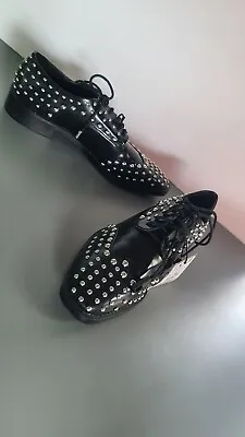 Zara Woman Trafaluc Black Patent Leather Oxford Loafers With Silver Studs Size:8 • $39.95
