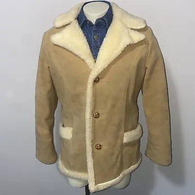 Town & Ranch Coat Sherpa Jacket Marlboro Man Vinyl Suede Vtg 60s 70s Mens MEDIUM • $119.99