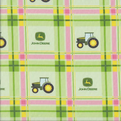 NEW John Deere Tractors On Green Pink Plaid Farm Girls Quilting Fabric 1/2 Metre • $15.95