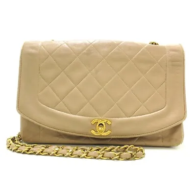 Auth CHANEL Diana Flap Matelasse Beige Lambskin Women's Shoulder Bag • £1238.59