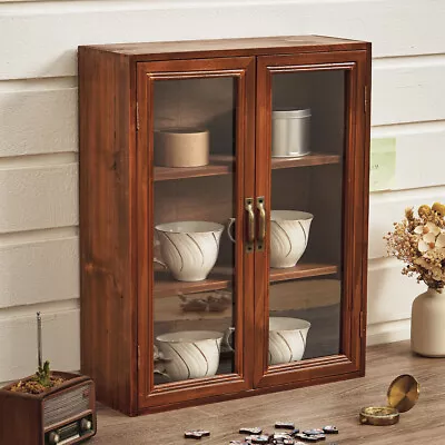 Wall Mounted Wooden Storage Cabinet Retro Brown Display Shelves Desktop Cupboard • £21.95