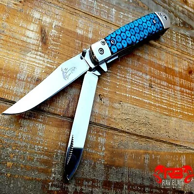 7.5  2 Blade Trapper Folding ASSISTED Classic Pocket Knife Blue Glitter Handle • $18.85